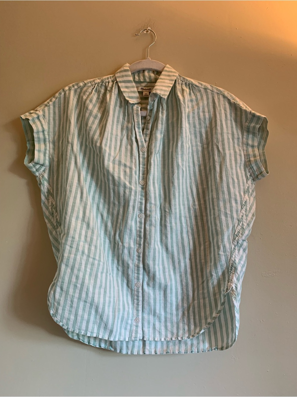 Madewell Blue and White Striped Short-Sleeve Button-Down Shirt Women Size XXS